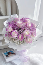 Load image into Gallery viewer, Amethyst Purple Fresh Rose Flower with White Baby Breath Bouquet💜紫晶色渐变色满天星花束(鲜花fresh flowers)