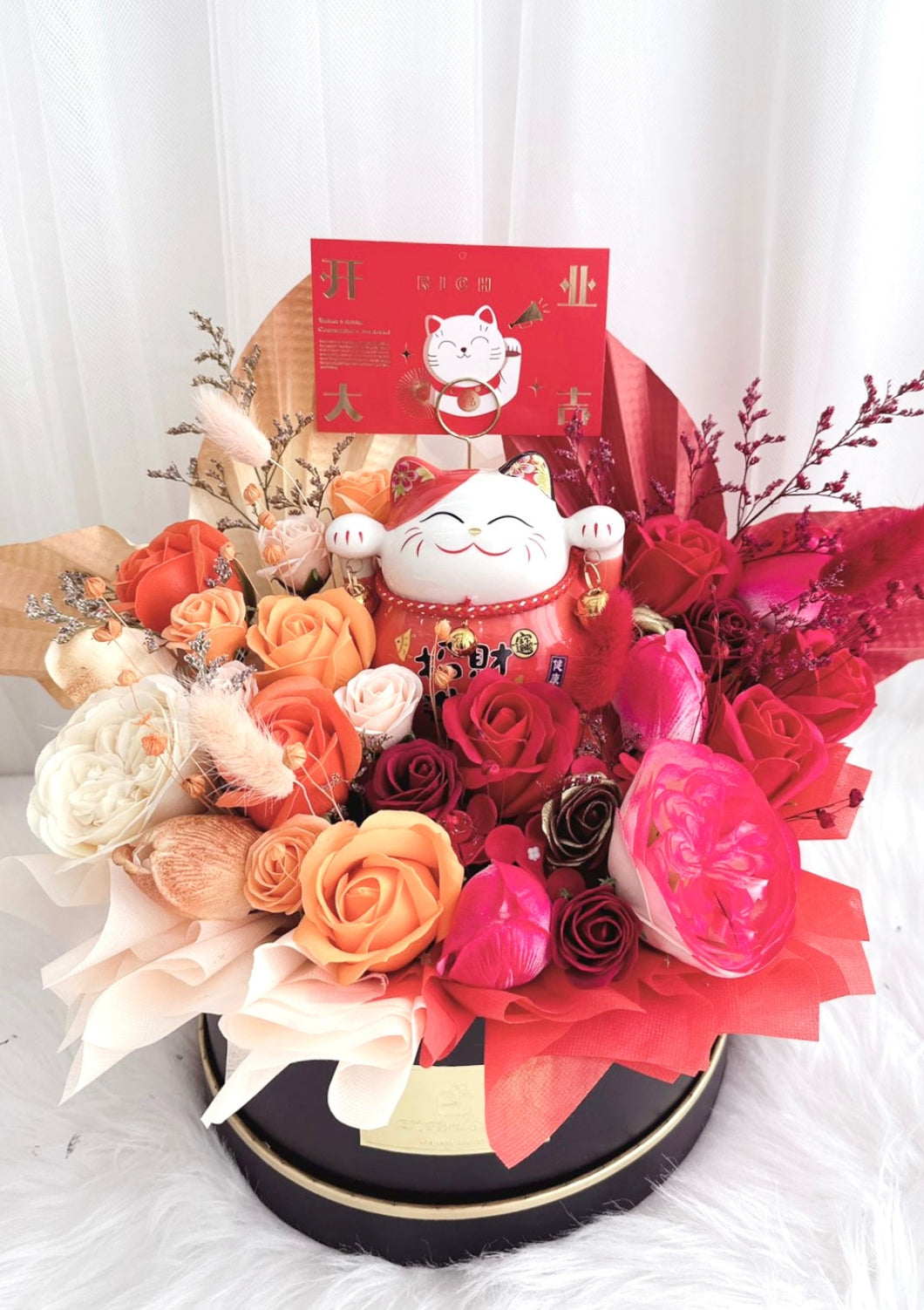 Tropical orange with red Soap Flower Bucket with Fortune Cat 热带橙红色系招财猫开业香皂花桶