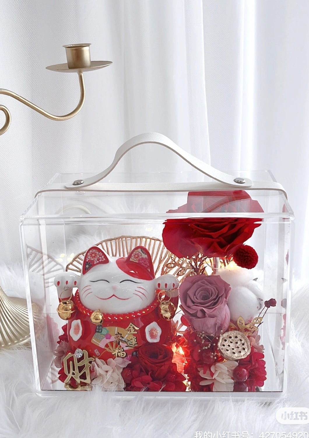 Ruby Red Fortune Cat Acrylic Gift Box 宝石红开业招财猫永生花手提亚克力礼盒