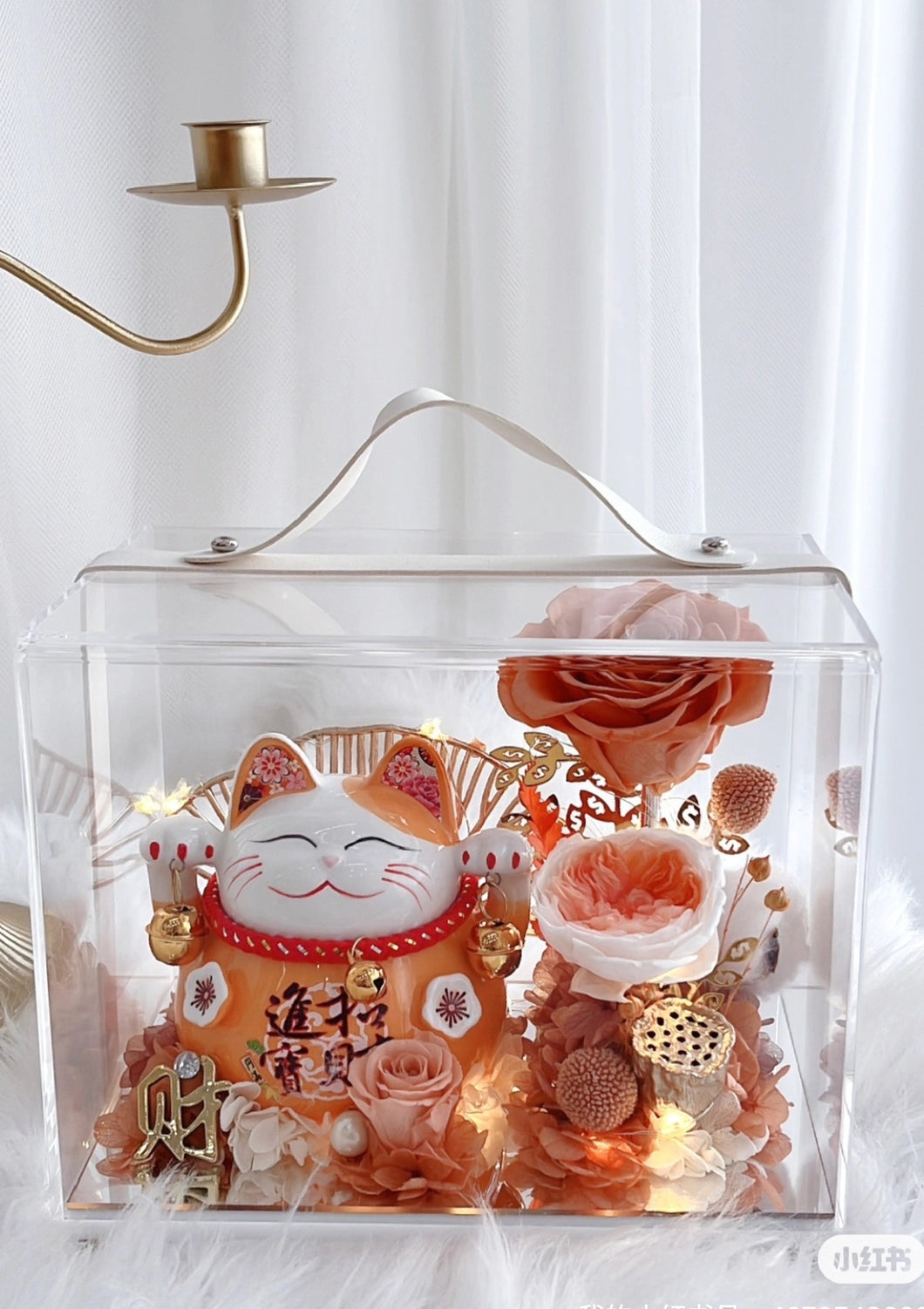 Tangerine Fortune Cat Preserved Flower Acrylic Gift Box 橘香色开业招财猫永生花手提亚克力礼盒