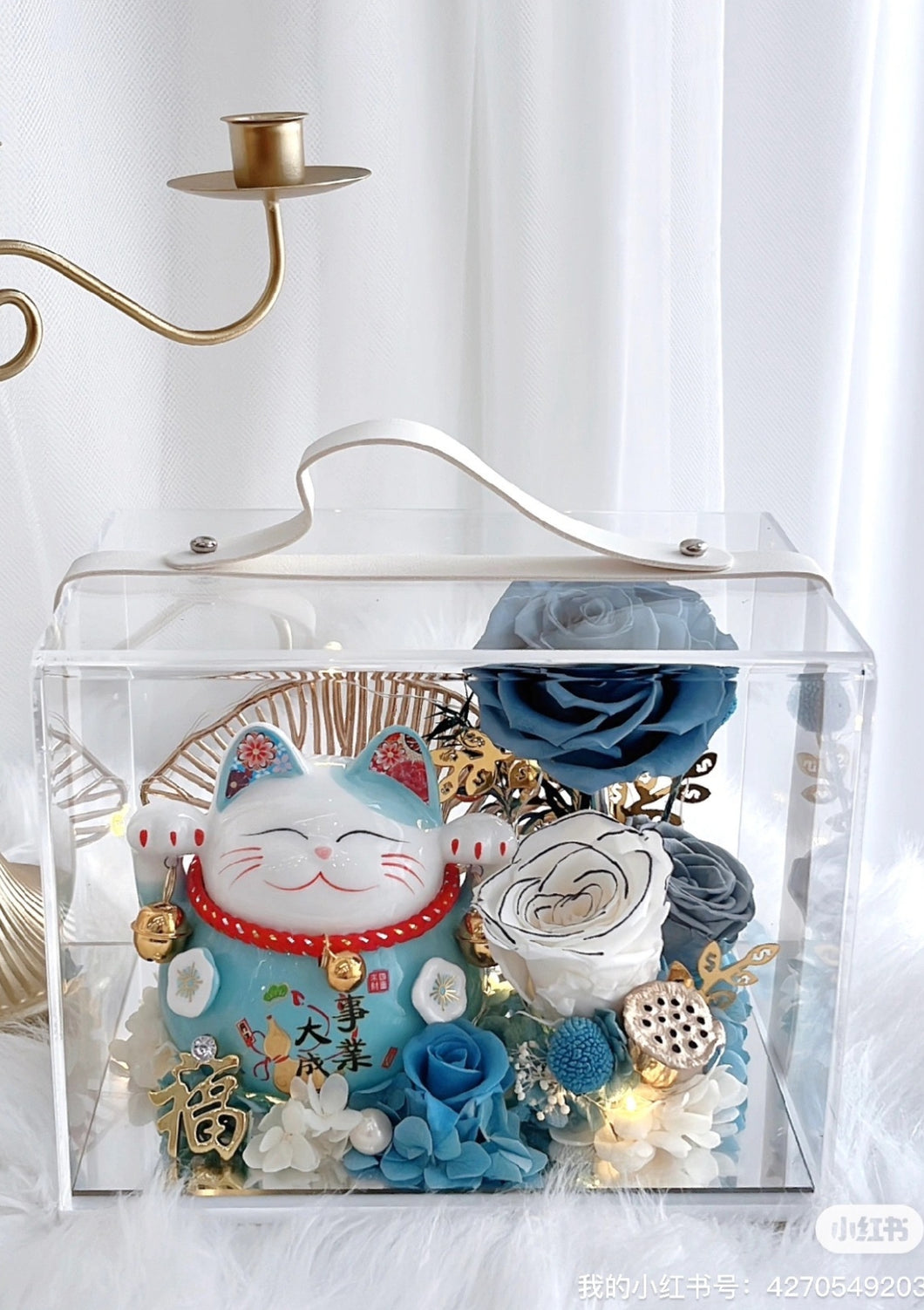 Ruri blue Fortune Cat Preserved Flower Acrylic Gift Box 琉璃蓝开业招财猫永生花手提亚克力礼盒