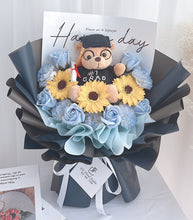 Load image into Gallery viewer, Sunflower with Blue Soap Flower Graduation Bouquet 蓝色前程似锦小熊款毕业花束
