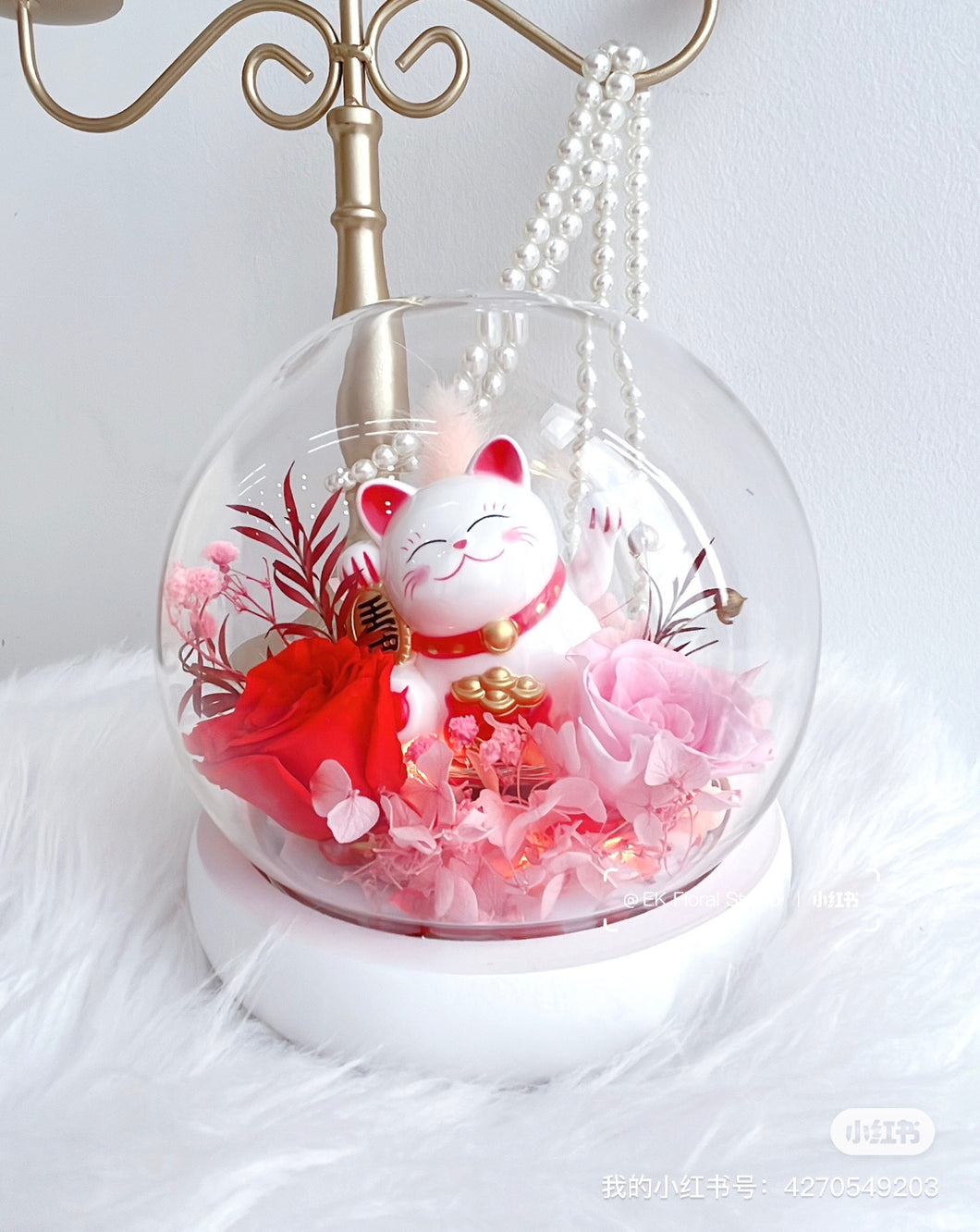 Pink Preserved Flower Fortune Cat 粉色永生花招财猫