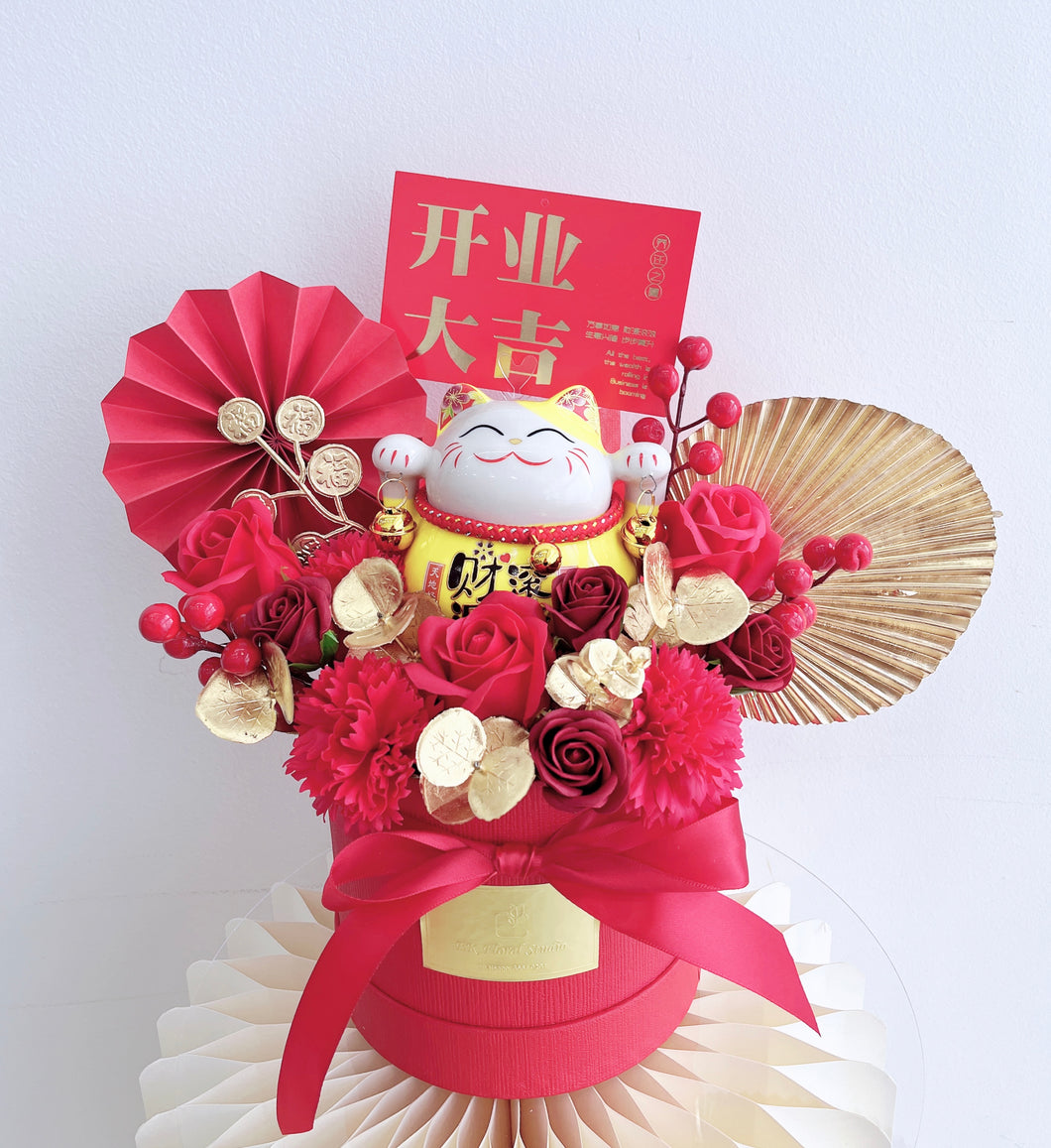 Prosperous Soap Flower bucket with Fortune Cat 旺旺招财猫香皂开业花桶